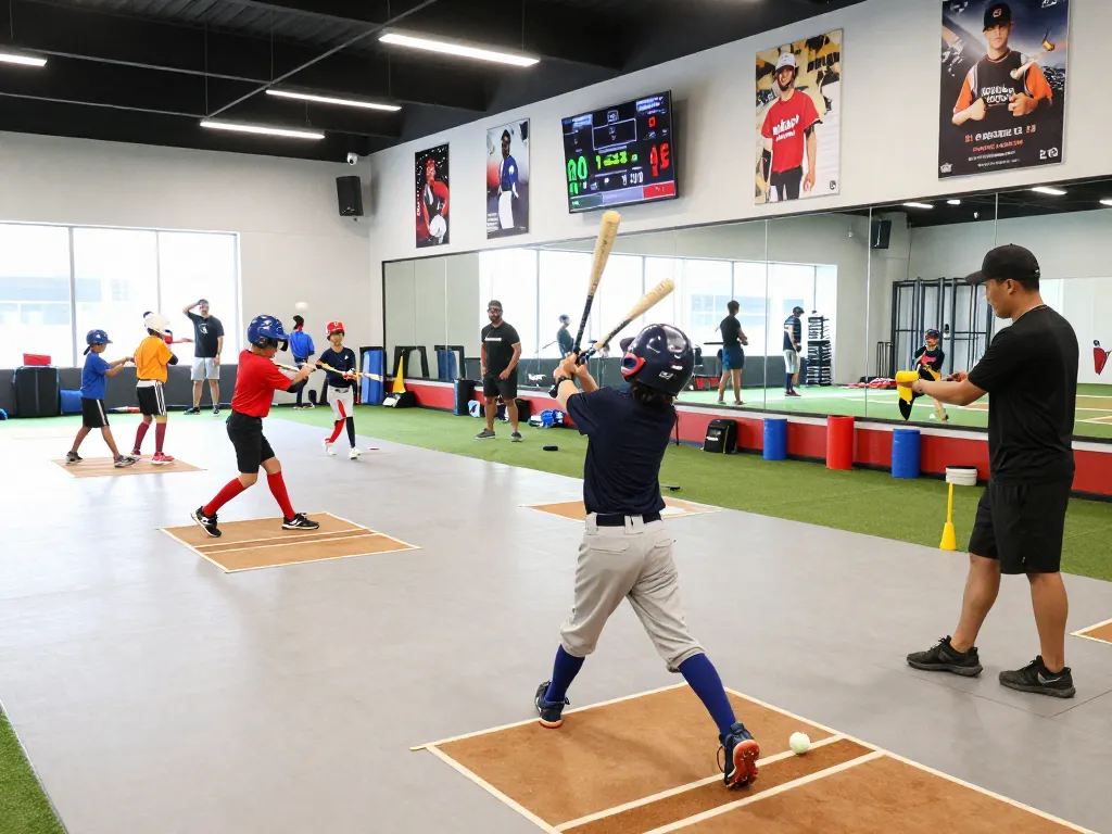 Hitclub youth baseball training session with athletes practicing hitting techniques in a vibrant gym.