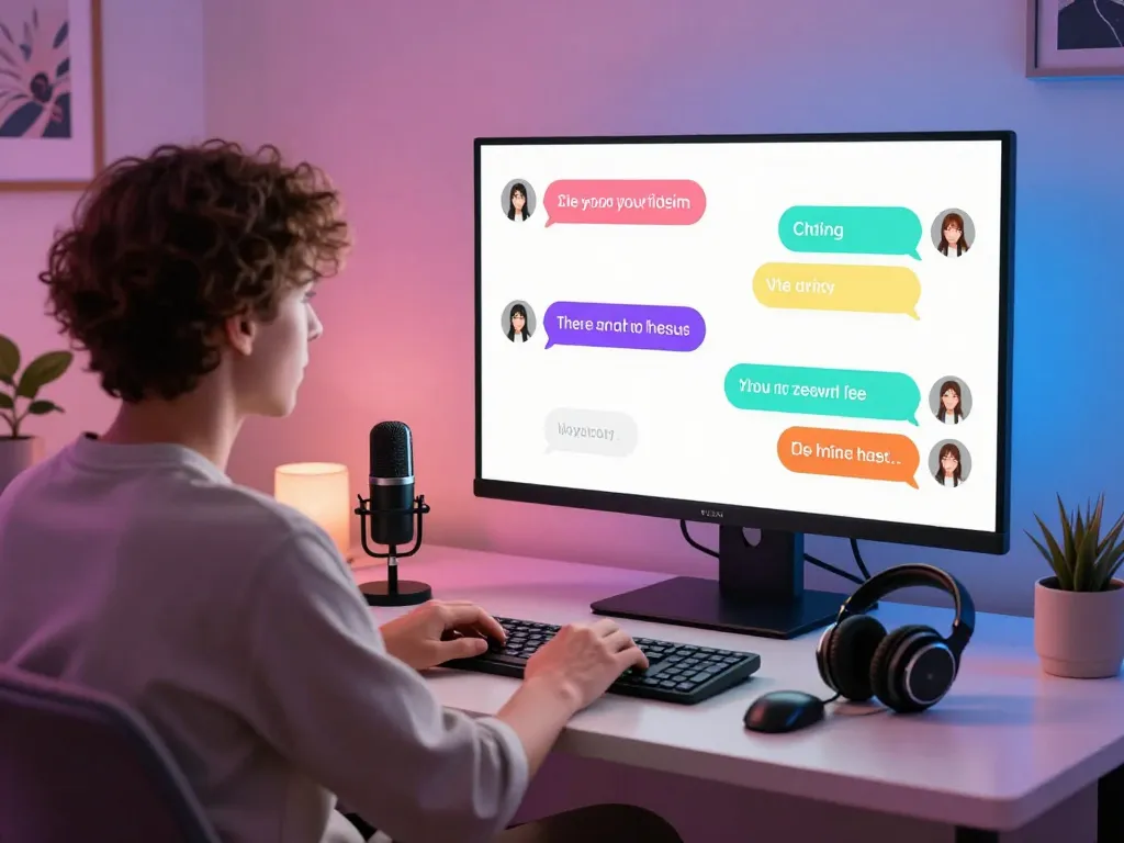 Engaging with a porn chat AI in a modern tech environment, showcasing vibrant interactions and inviting decor.