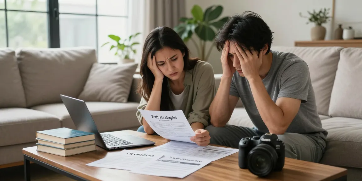 Couple discussing how to get rid of a timeshare with cancellation paperwork and guides.