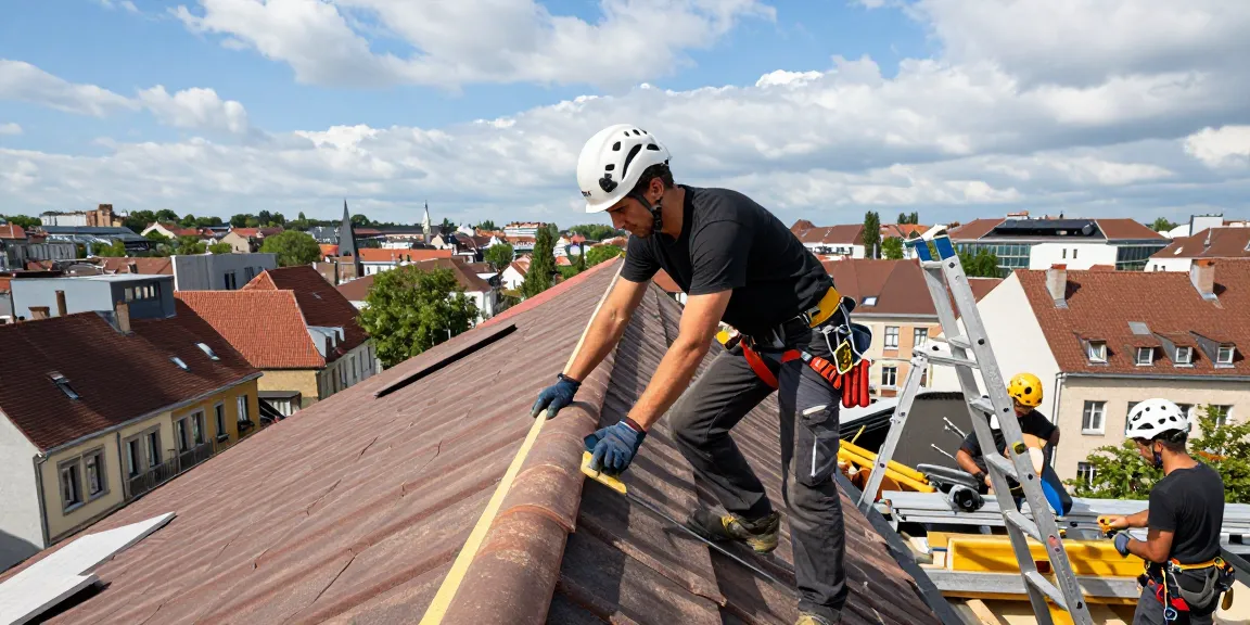 Professional roofer in Liège, Spécialiste de la toiture, installing tiles with urban backdrop and tools.