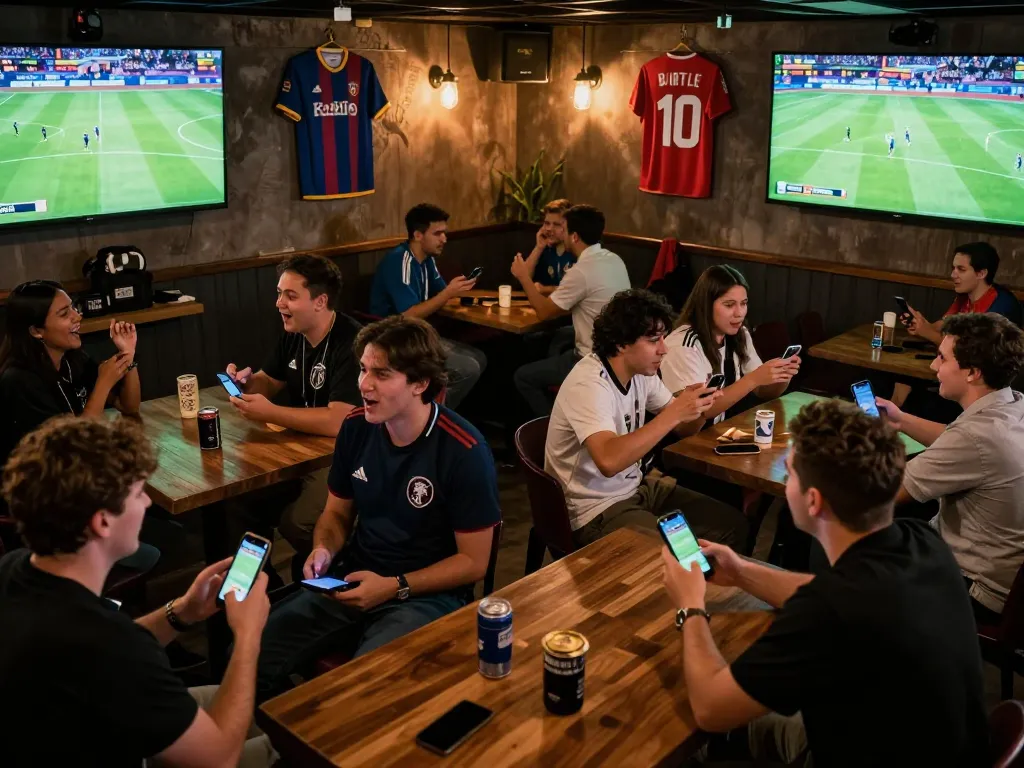 Fans cheering while placing bets on socolive during a live football match, showcasing excitement and camaraderie.