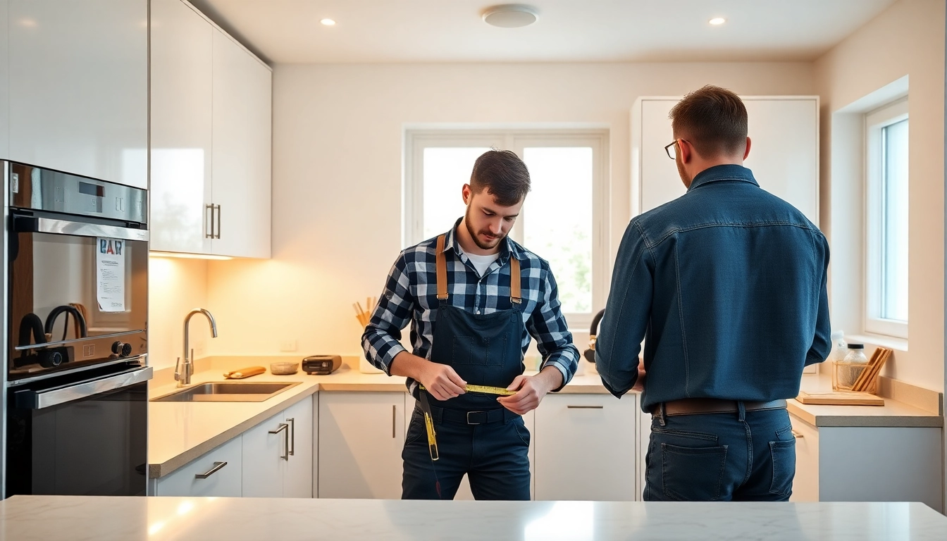 Kitchen fitters near me installing stylish cabinetry in a modern home kitchen.