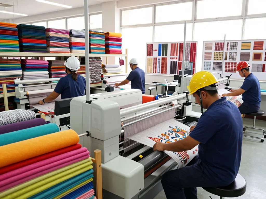 Sunwin textile workers engaged in vibrant fabric production with advanced weaving machines