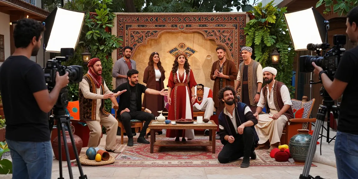 مسلسل، مسلسلات تركية، مسلسلات عربية being produced on set with actors in costumes and vibrant props.