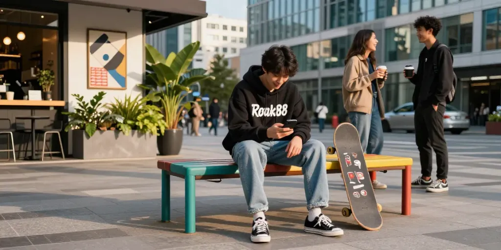 Youth in stylish rokok88 hoodie enjoying city life with friends.