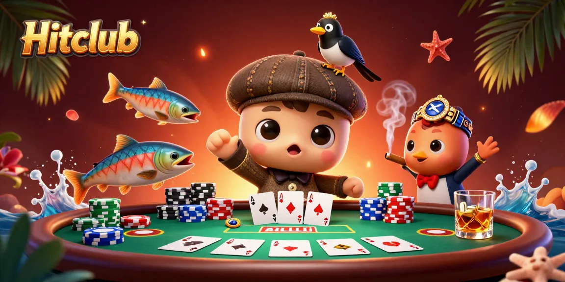 Hitclub players enjoying a dynamic poker scene with a cute Loch Ness monster and lively elements.