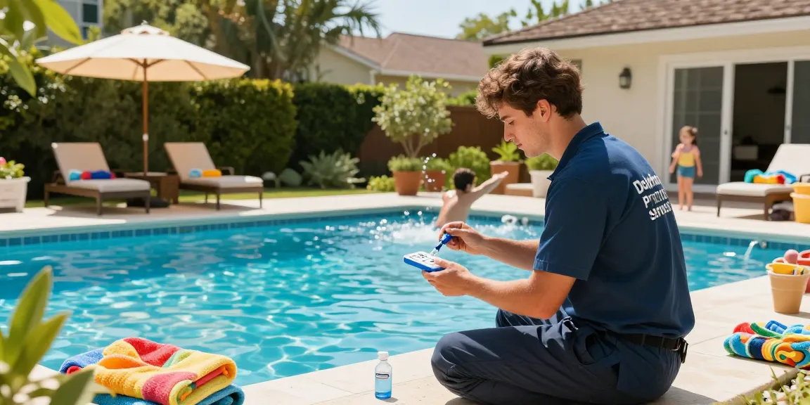 Dolphin Pool Services technician testing pool water quality in a sunny backyard, showcasing exceptional pool care.