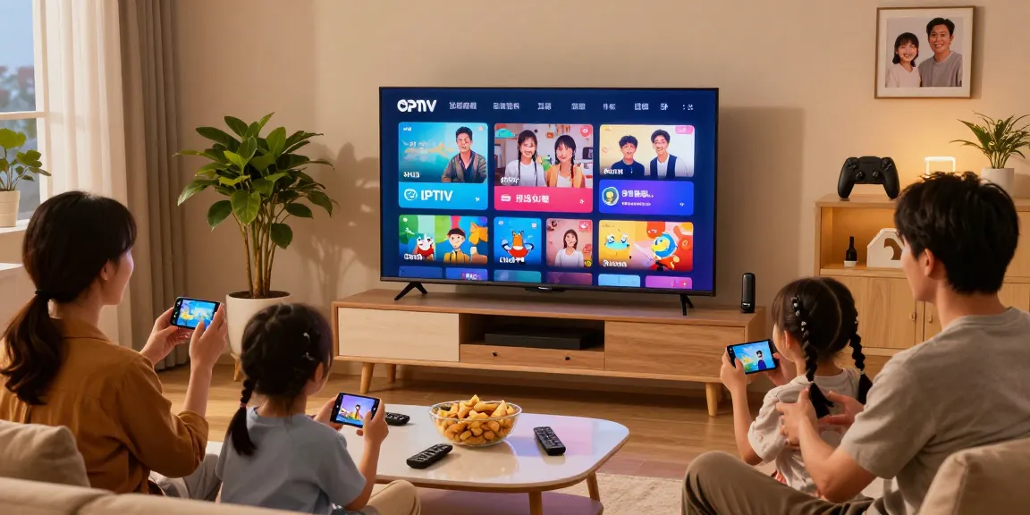 Family enjoying IPTV content from iptv-aanbieders.com on their smart TV in a cozy living room.