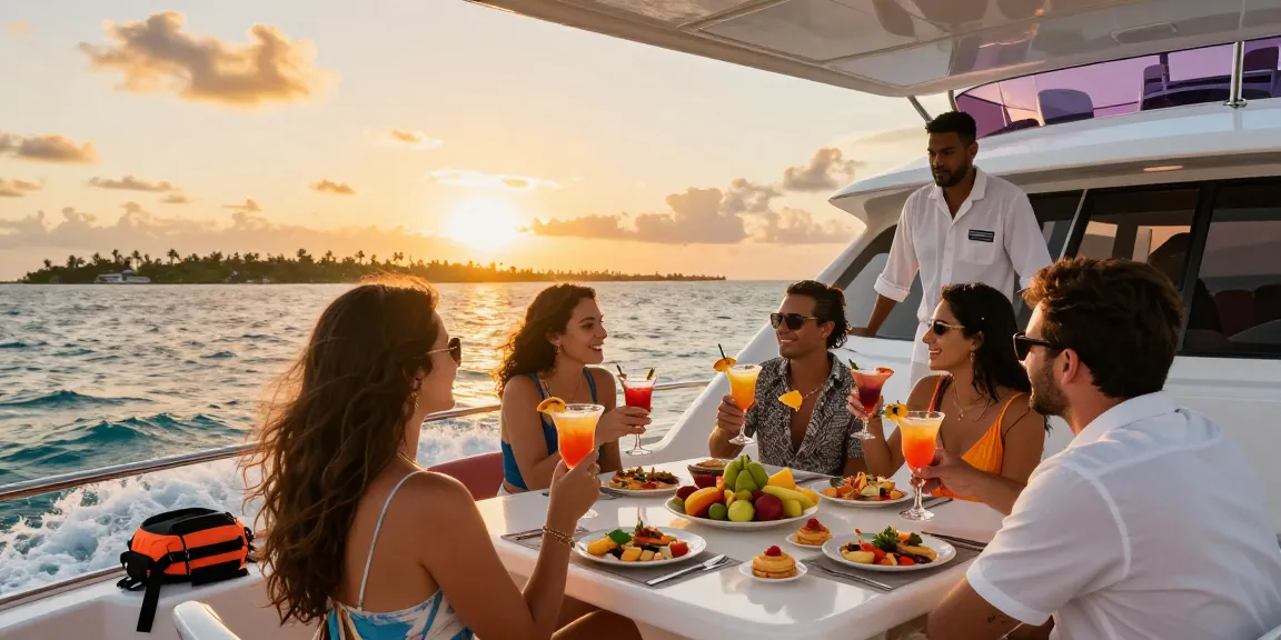 Group enjoying a luxury boat rental Punta Cana experience during sunset, with cocktails and beautiful scenery.