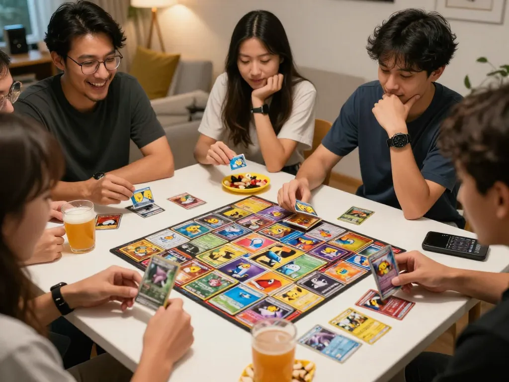 Engaging scene with friends trading Pokémon TCG Database cards surrounded by vibrant artworks and snacks.