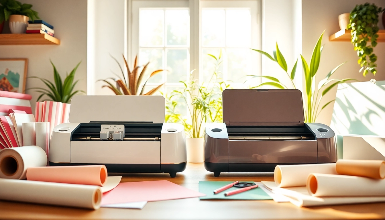 Cricut vs Silhouette machines displayed in a vibrant crafting workspace