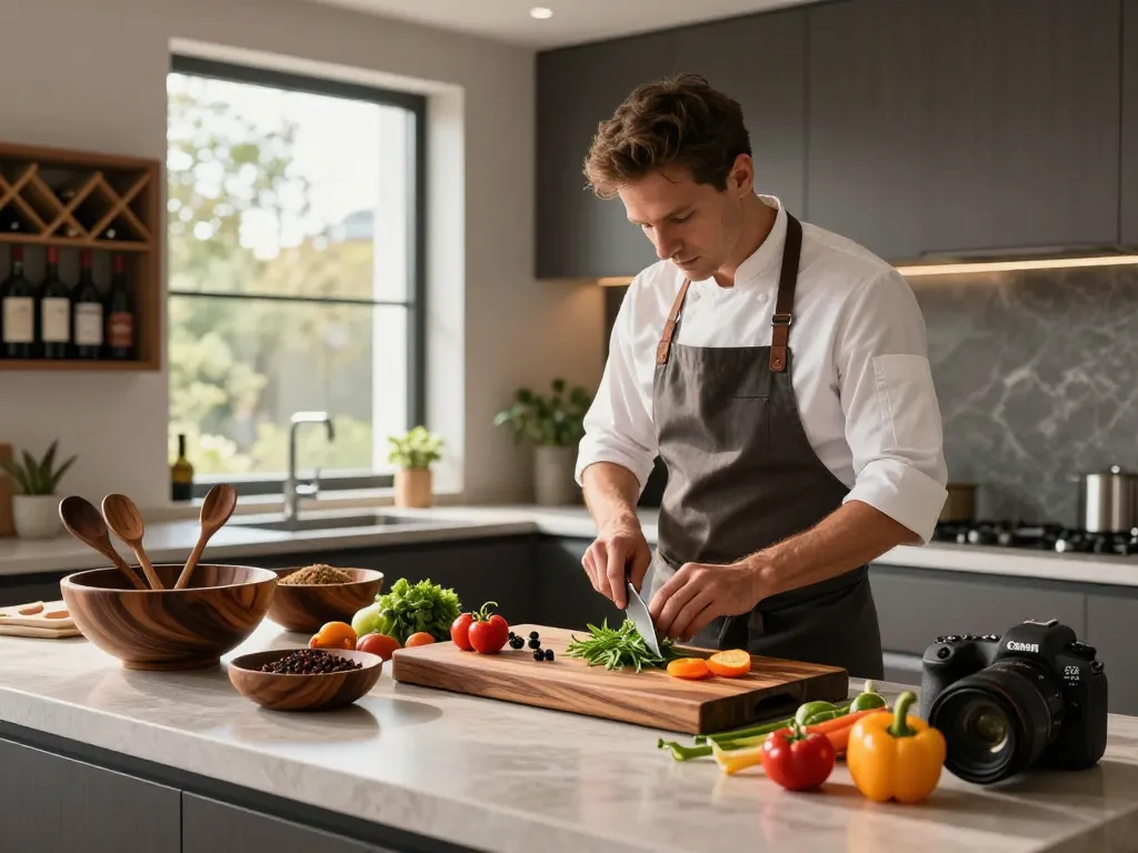 Exclusive dark wood kitchenware set for modern luxury home showcased by chef in stylish kitchen preparing gourmet dishes.