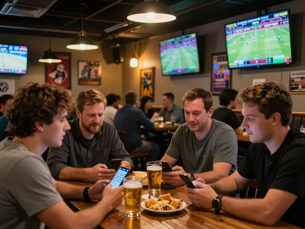 Tỷ lệ kèo nhà cái hôm nay highlighted in exciting sports bar atmosphere as friends place bets.