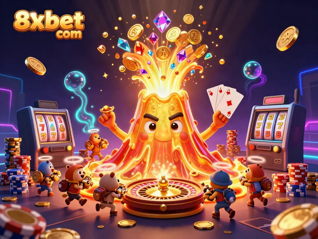Experience thrill with 8xbet com's vibrant golden volcano erupting treasure surrounded by exciting casino elements.