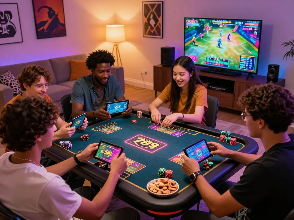 Exciting ambiance of friends engaged in the 789 club card game, showcasing digital gameplay and vibrant living room setup.