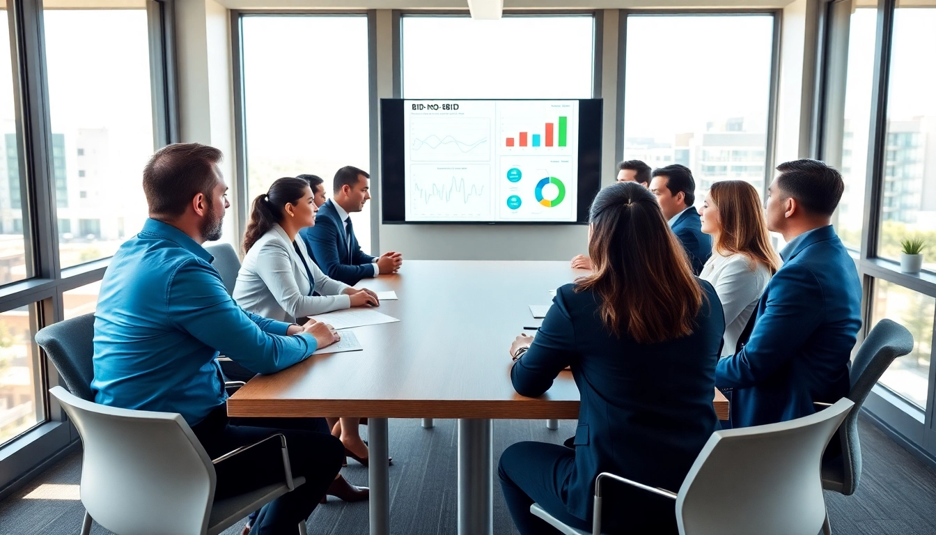 Conducting a Bid-No-Bid Analysis with a professional team in a bright conference room.