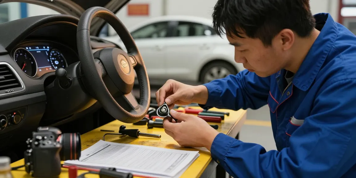 Steering lock replacement in an automotive service garage with a technician at work.
