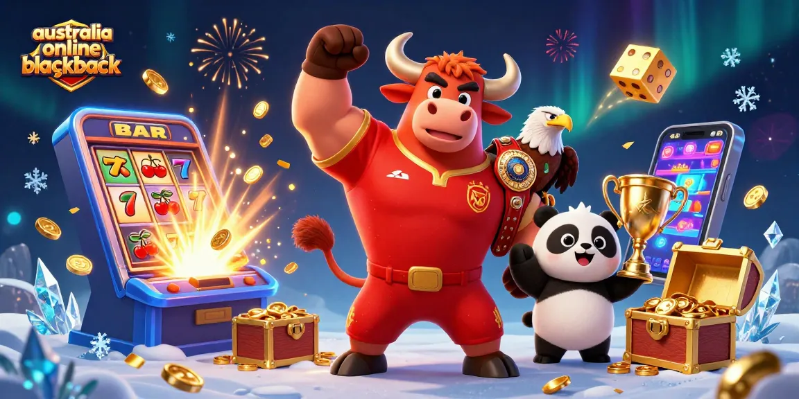 A thrilling scene showcasing australia online blackjack with a cartoon bull, eagle, and panda amidst vibrant casino elements and jackpots.
