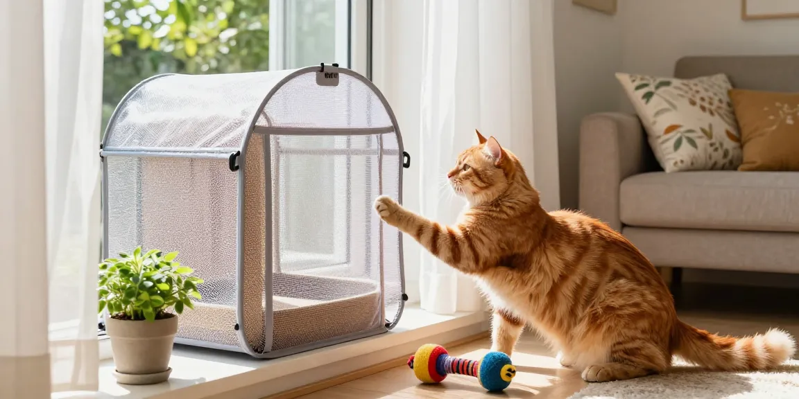 Cats testing a Kedi sineklik at home, showcasing safety for pets.