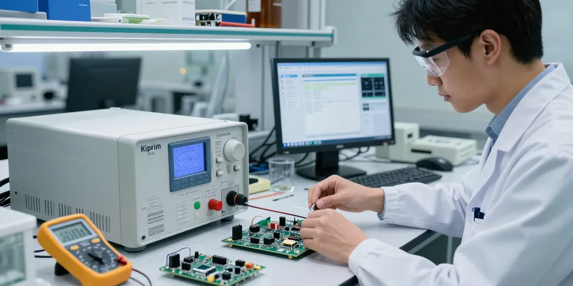 Technician testing electronics with Kiprim DC power supply manufacturer equipment in a professional lab environment.