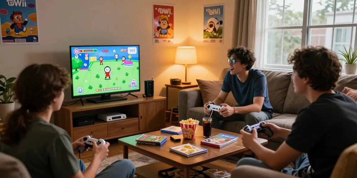 Group enjoying Wii rom games together in cozy gaming den