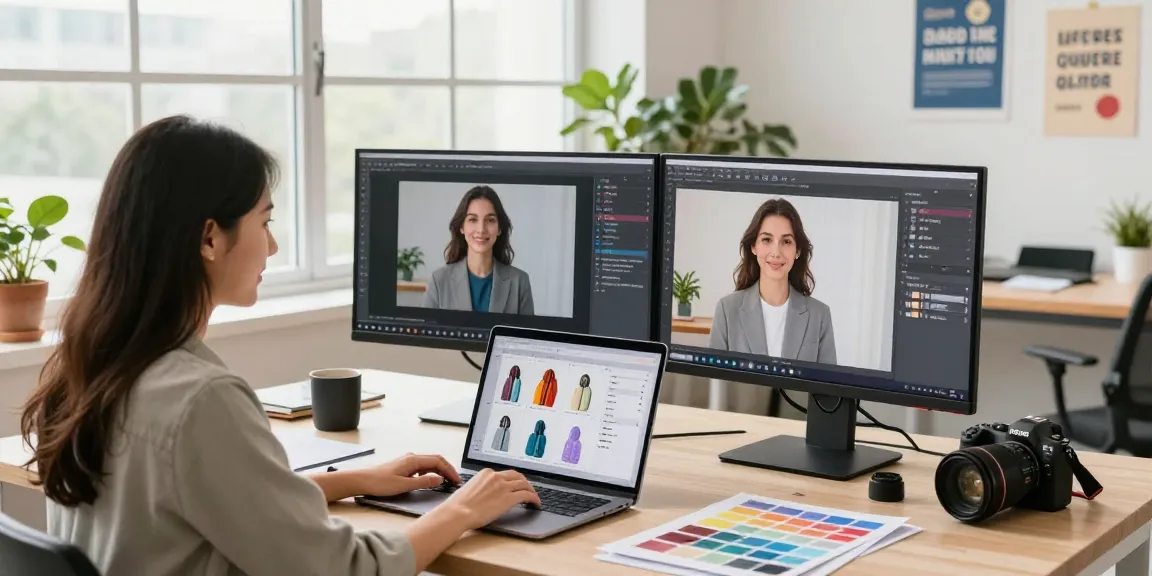 Entrepreneur using rmbg.pro for background removal in a bright e-commerce office.