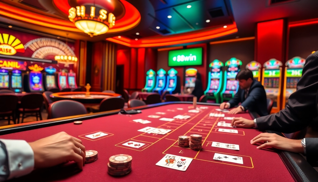 Experience the thrill of winning at 98win's luxurious blackjack table surrounded by vibrant casino elements.