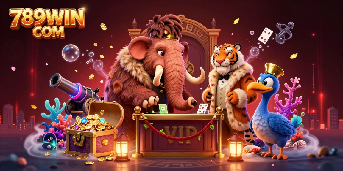 Engage with 789WIN COM at a lively casino scene with a mammoth bouncer and treasure-filled underwater elements.