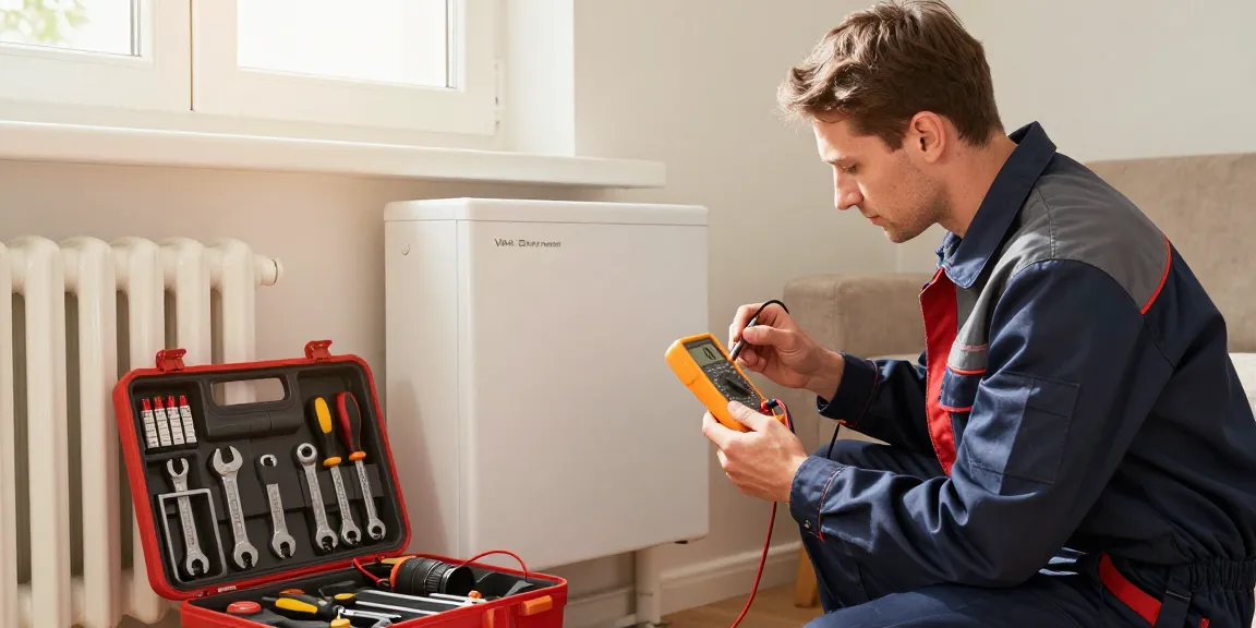 Van Baymak servisi technician checking heating unit in a cozy living room for reliable heating solutions.