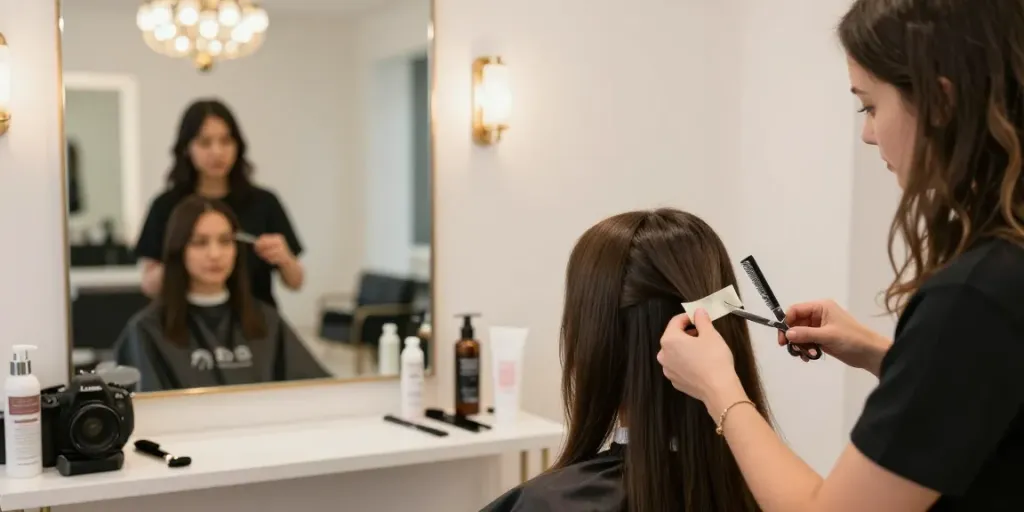 Applying invisible tape in hair extensions in a chic salon environment with bright lighting and stylish decor.