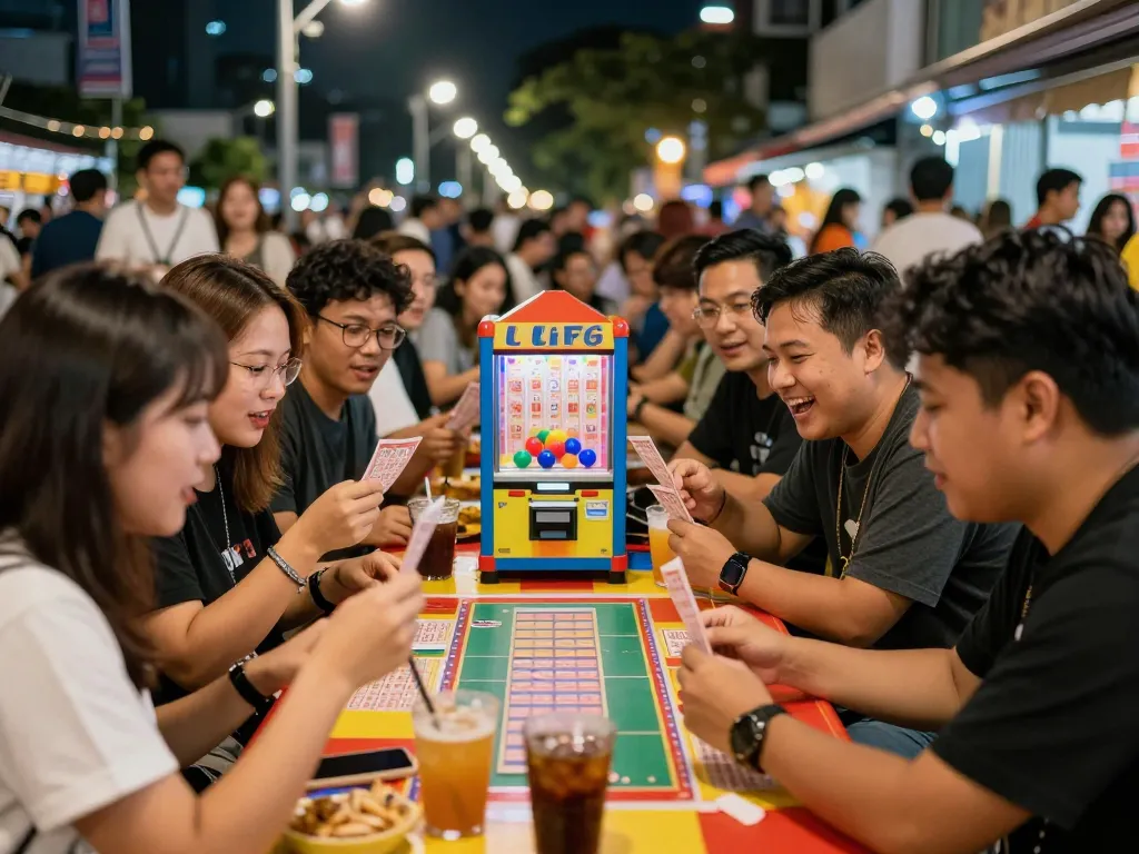 Malam permainan Togel Hongkong yang mendebarkan bersama teman-teman memeriksa tiket lotto di bawah lampu jalan.
