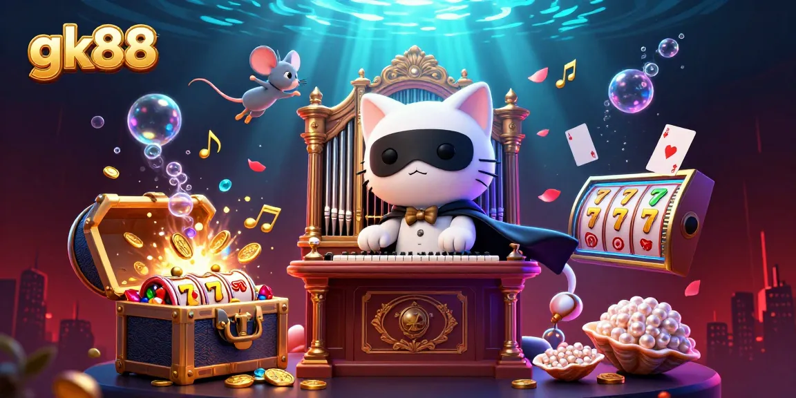 Experience thrilling gk88 casino action with a whimsical design of a masked cat and dynamic gaming elements.