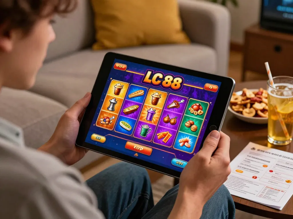 Engaging gameplay of LC 88 on tablet in cozy living room, emphasizing online gambling experience.
