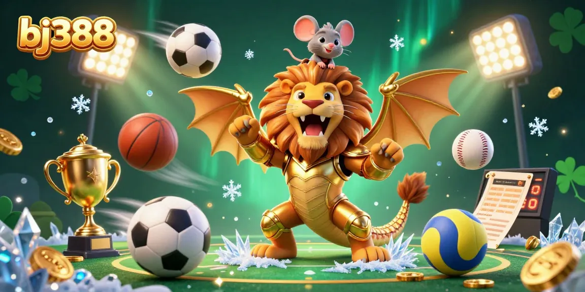 Experience the excitement of betting at bj388 with a dynamic scene showcasing a triumphant chimera and sports elements.
