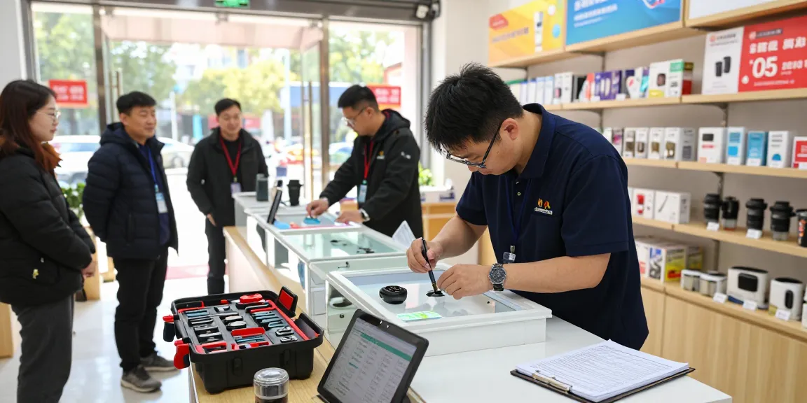 Retail Repairs in action, technician fixing display case in vibrant store, engaging customer experience.