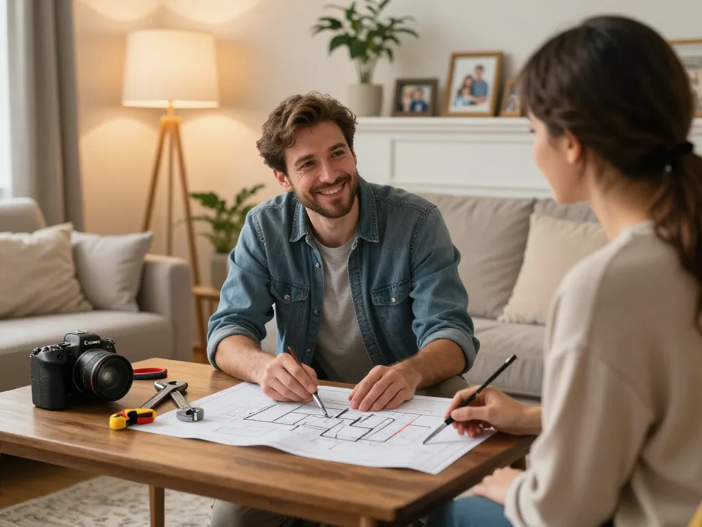 Expert contractor explaining dedicated pages for plumbing services in a cozy home setting.
