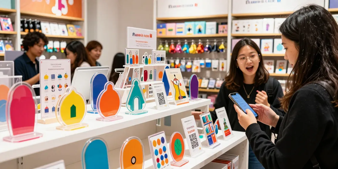 Custom acrylic standee display in a vibrant retail space, customer engaging with products.
