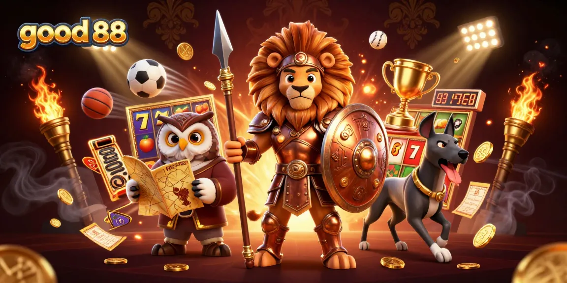 Engage in thrilling gameplay at good 88, featuring vibrant slot elements and dynamic 3D characters.