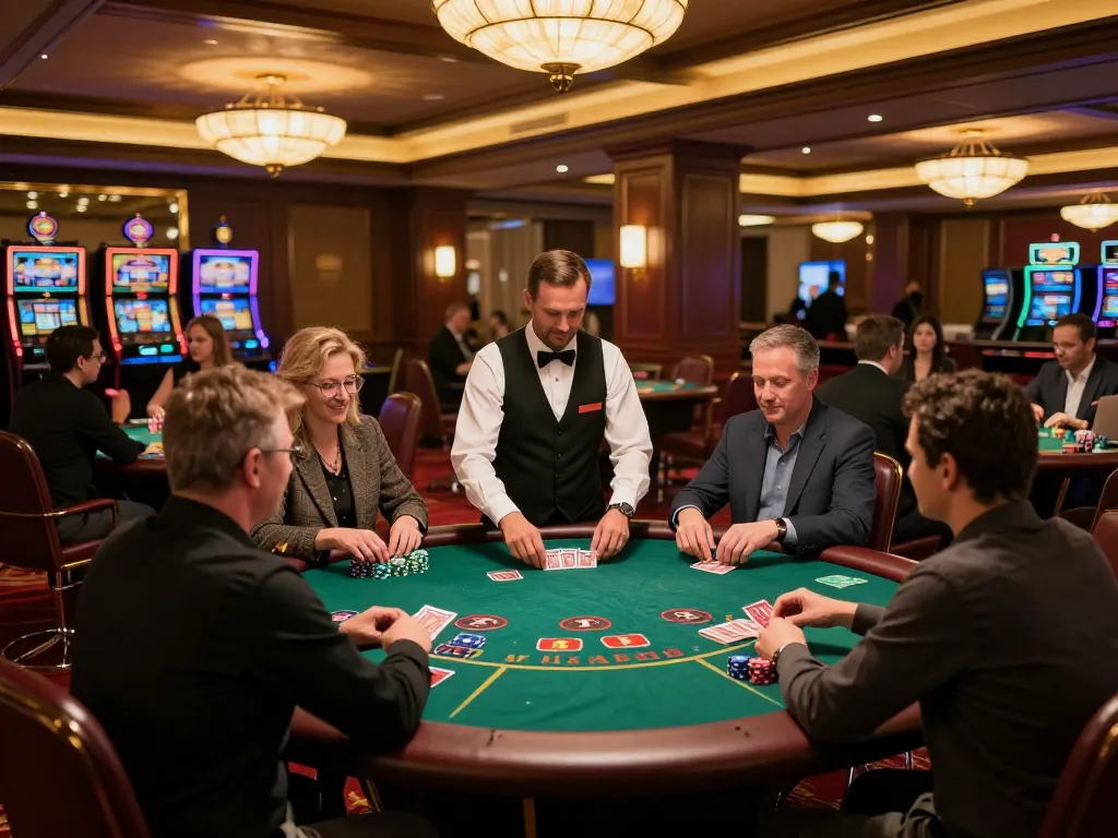 Players enjoying blackjack at 23Win’s upscale casino, illuminated by elegant chandeliers