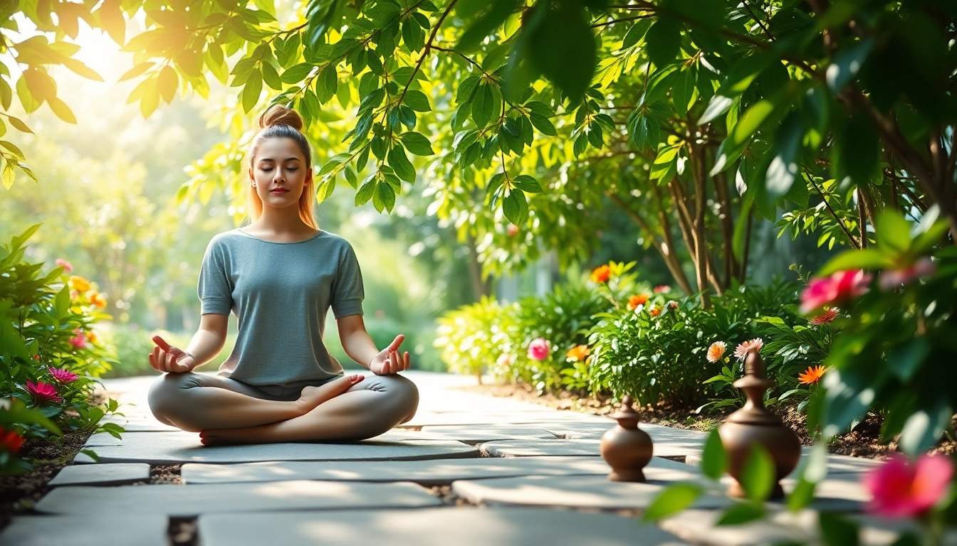 Embracing mental wellness through meditation in a tranquil garden setting.
