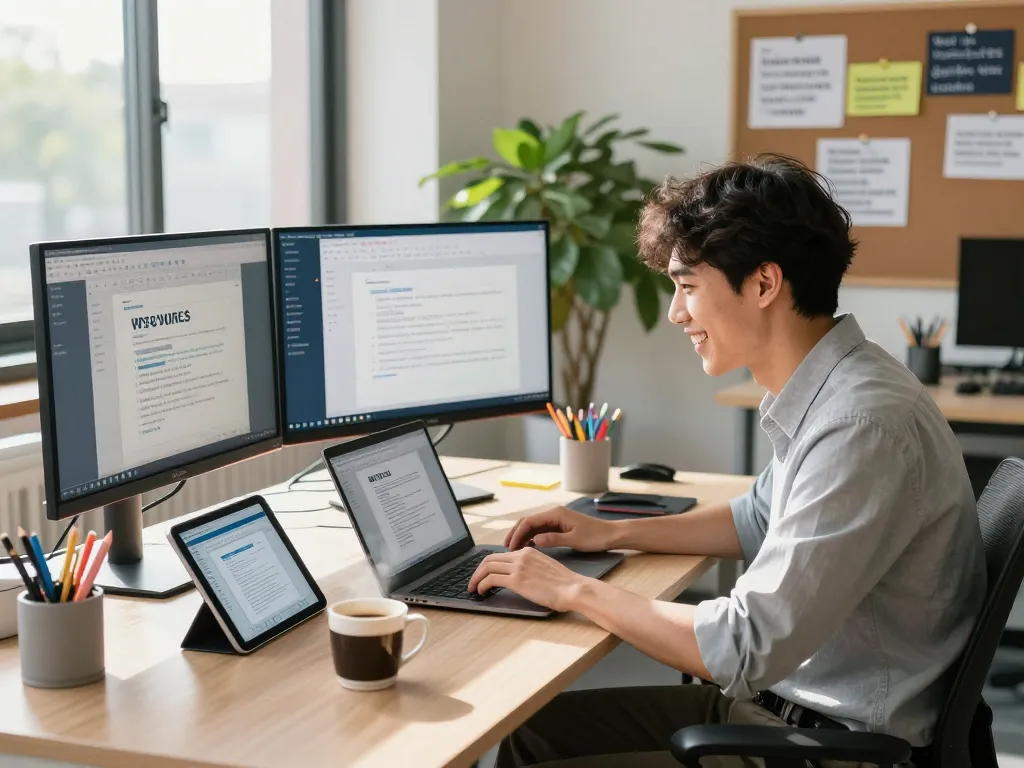 Dynamic workspace featuring a professional using WPS 下载 software on multiple monitors, showcasing productivity and technology.