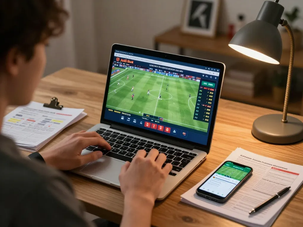 Suasana taruhan olahraga online yang menarik untuk Judi Bola dengan peluang pertandingan langsung di laptop, suasana nyaman.
