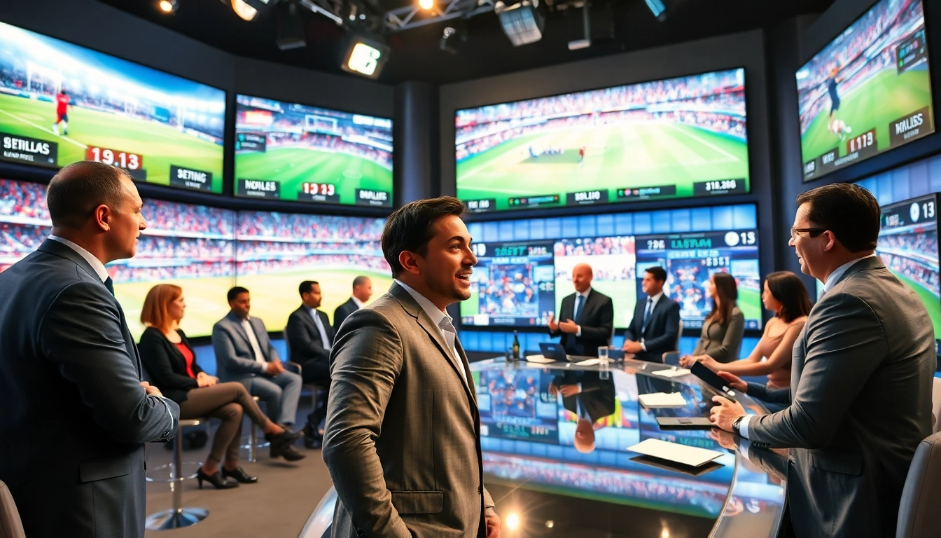 Engaging sports broadcasting studio with analysts discussing live events, showcasing Sports Broadcasting.